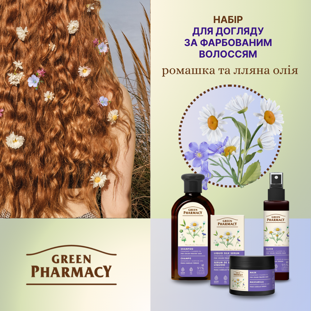 Набір для фарбованого волосся Ромашка та лльяна олія Green Pharmacy 