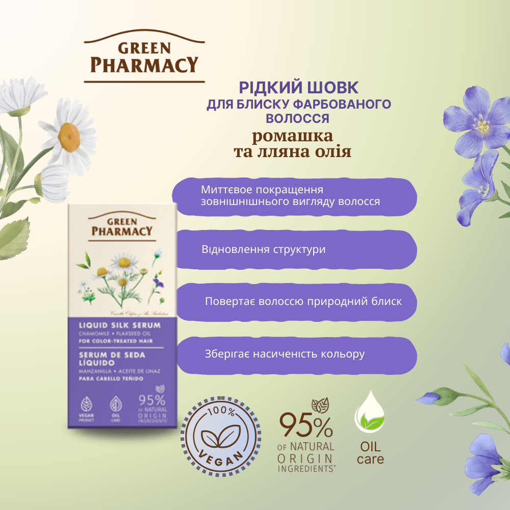 Рідкий шовк Green Pharmacy Ромашка та лляна олія для блиску фарбованого волосся 30 мл