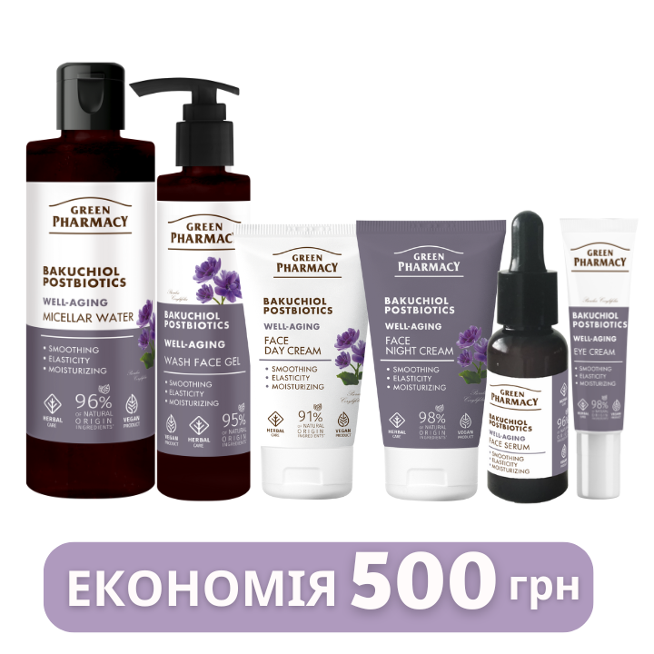 Набір для обличчя Green Рharmacy Well-aging Бакучіол і постбіотики  Набір для обличчя Green Рharmacy Well-aging Бакучіол і постбіотики