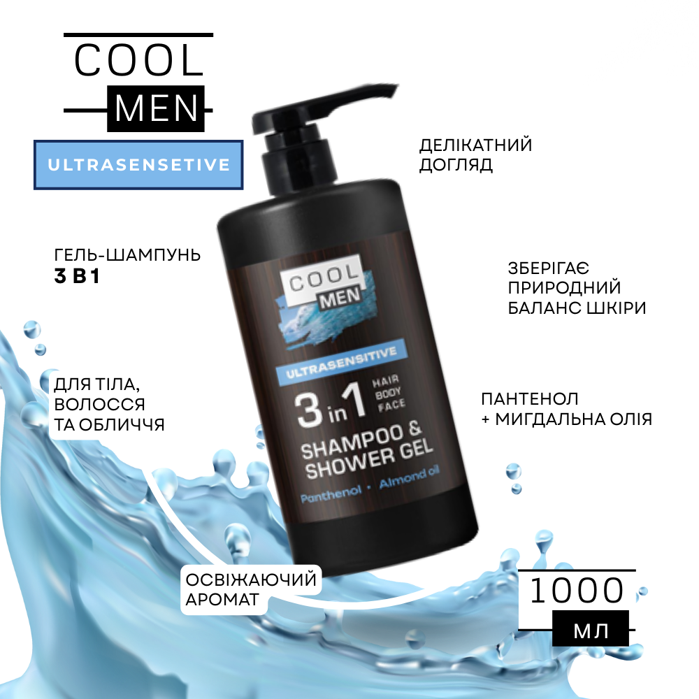 Гель-шампунь 3в1 Cool Men Ultrasensitive 1000 мл