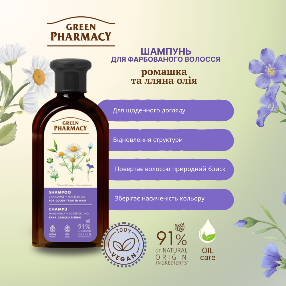 Шампунь Green Pharmacy Ромашка та лляна олія для фарбованого волосся 350 мл