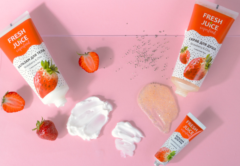 Самі найароматніші засоби для СПА-процедур від Fresh Juice. Серія Superfood Strawberry & Chia.