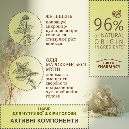 Набір для для чутливої шкіри голови Женьшень та олія марроканської м'яти Green Pharmacy Набір для для чутливої шкіри голови Женьшень та олія марроканської м'яти Green Pharmacy