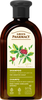  Шампунь Green Pharmacy  Женьшень та олія марокканської м'яти для чутливої шкіри голови 350 мл 
