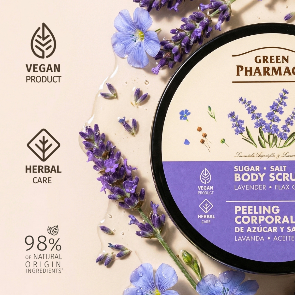 Цукрово-сольовий скраб для тіла Green Pharmacy Лаванда та олія льону 200 мл 